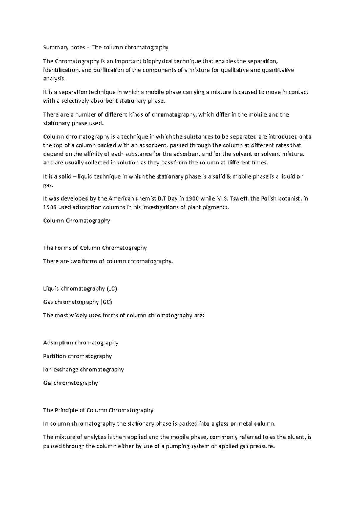 Summary notes - The column chromatography - It is a separation ...