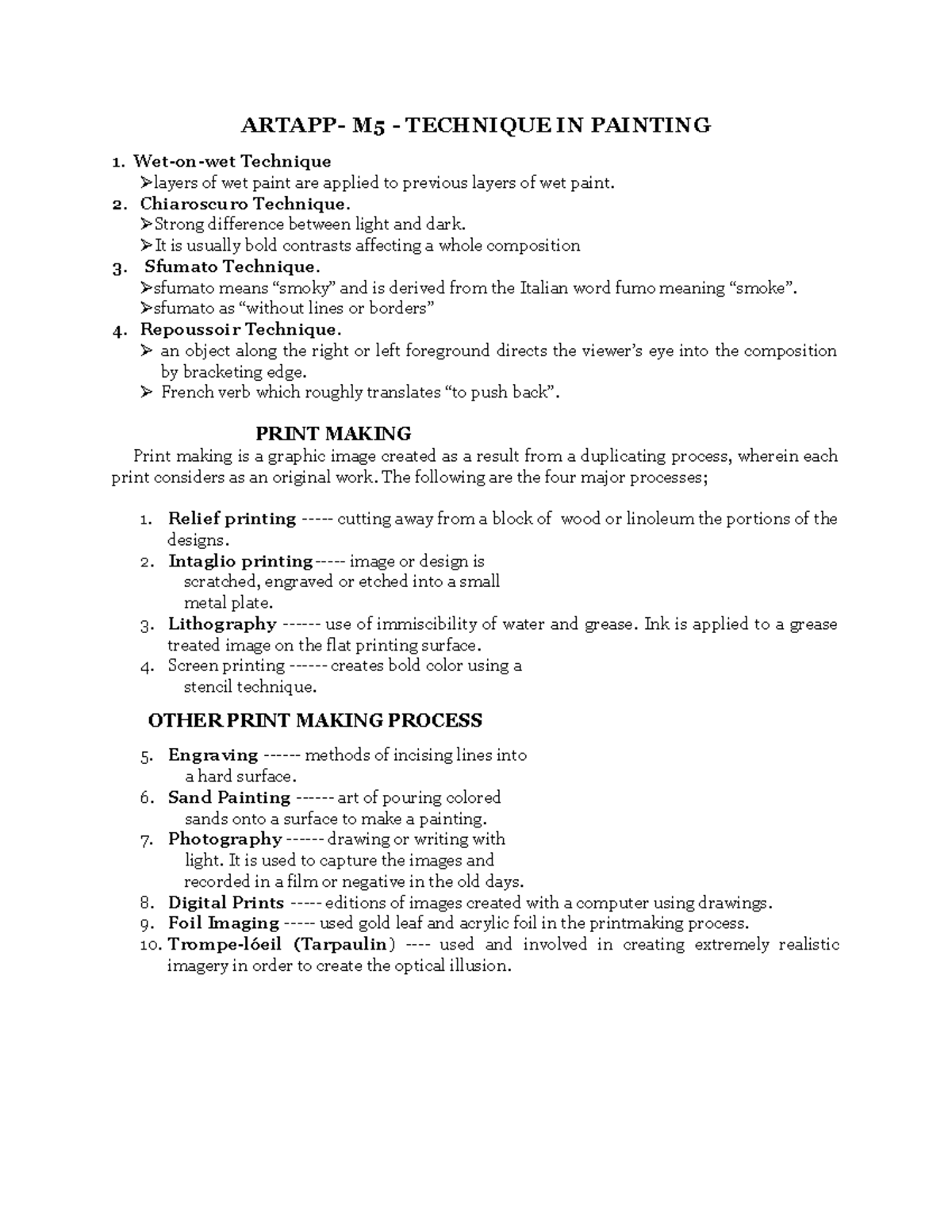 Artapp 1st Sem Module 5 Technique in painting ARTAPP M5 TECHNIQUE