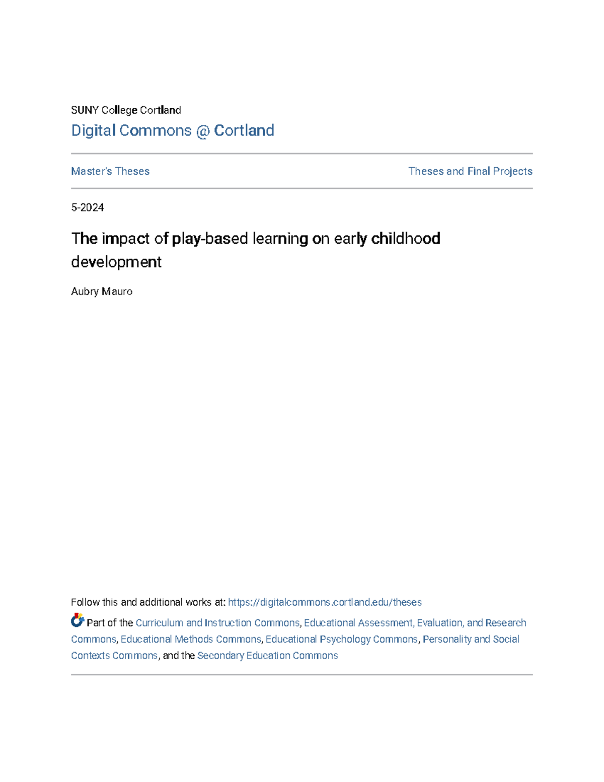 The impact of playbased learning on early childhood development SUNY