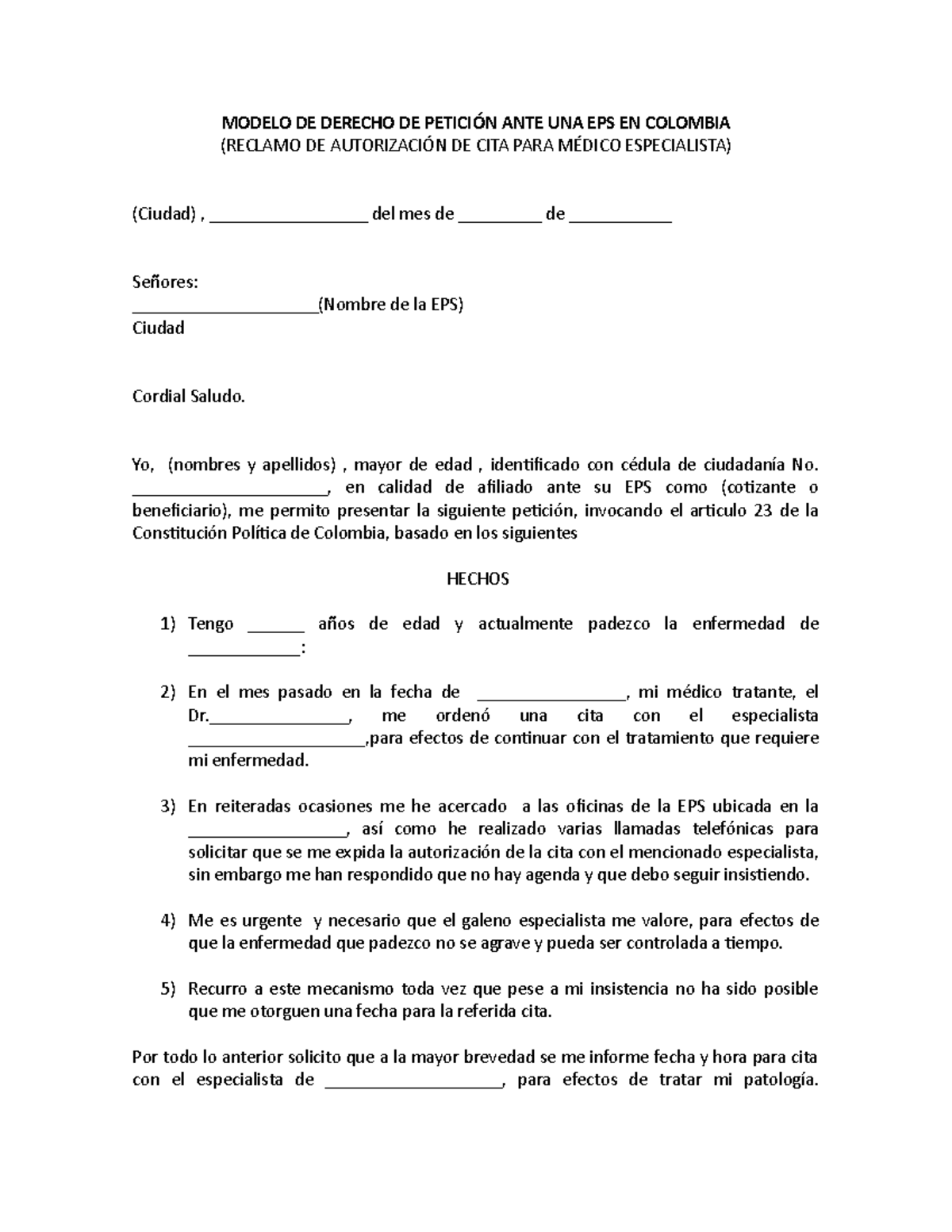 Derecho DE Petición ANTE UNA EPS EN Colombia - MODELO DE DERECHO DE ...