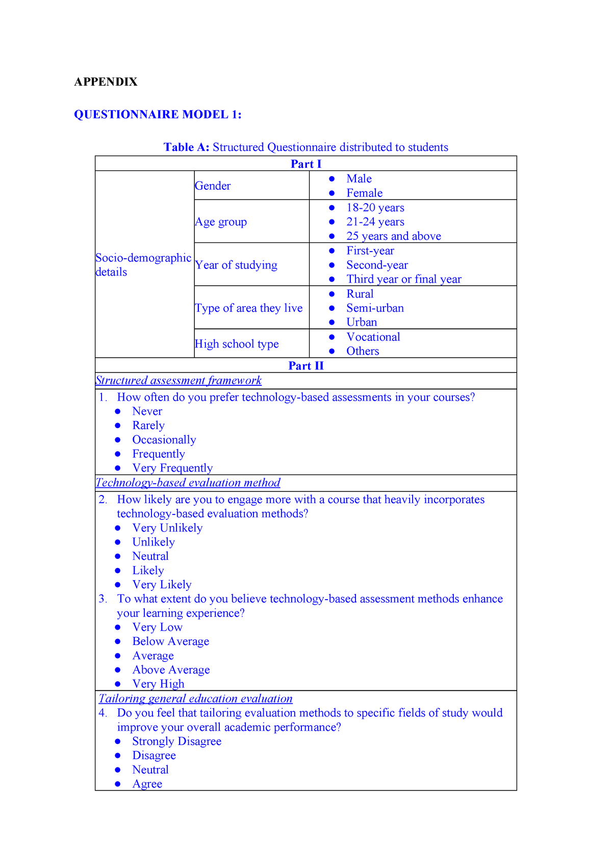 Questionnaire Appendix - APPENDIX QUESTIONNAIRE MODEL 1: Table A ...