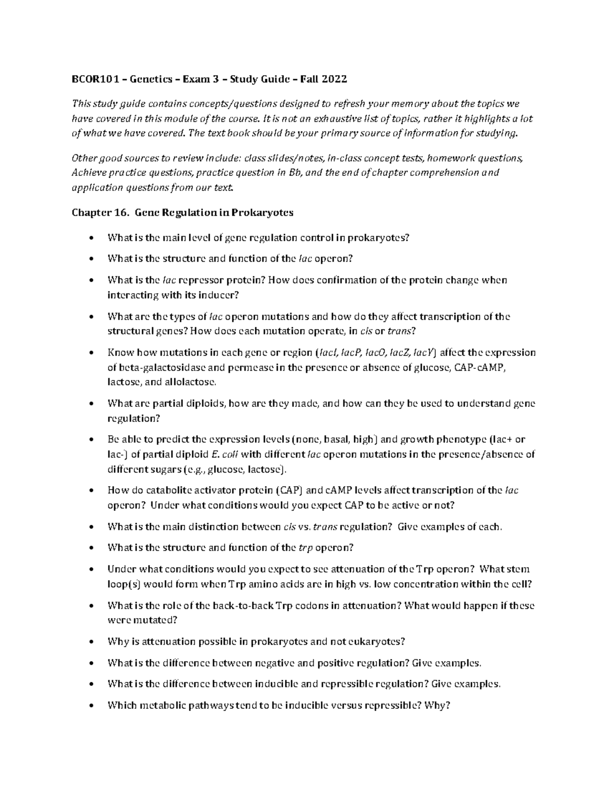 BCOR 101 Exam 3 Study Guide - BCOR101 – Genetics – Exam 3 – Study Guide ...