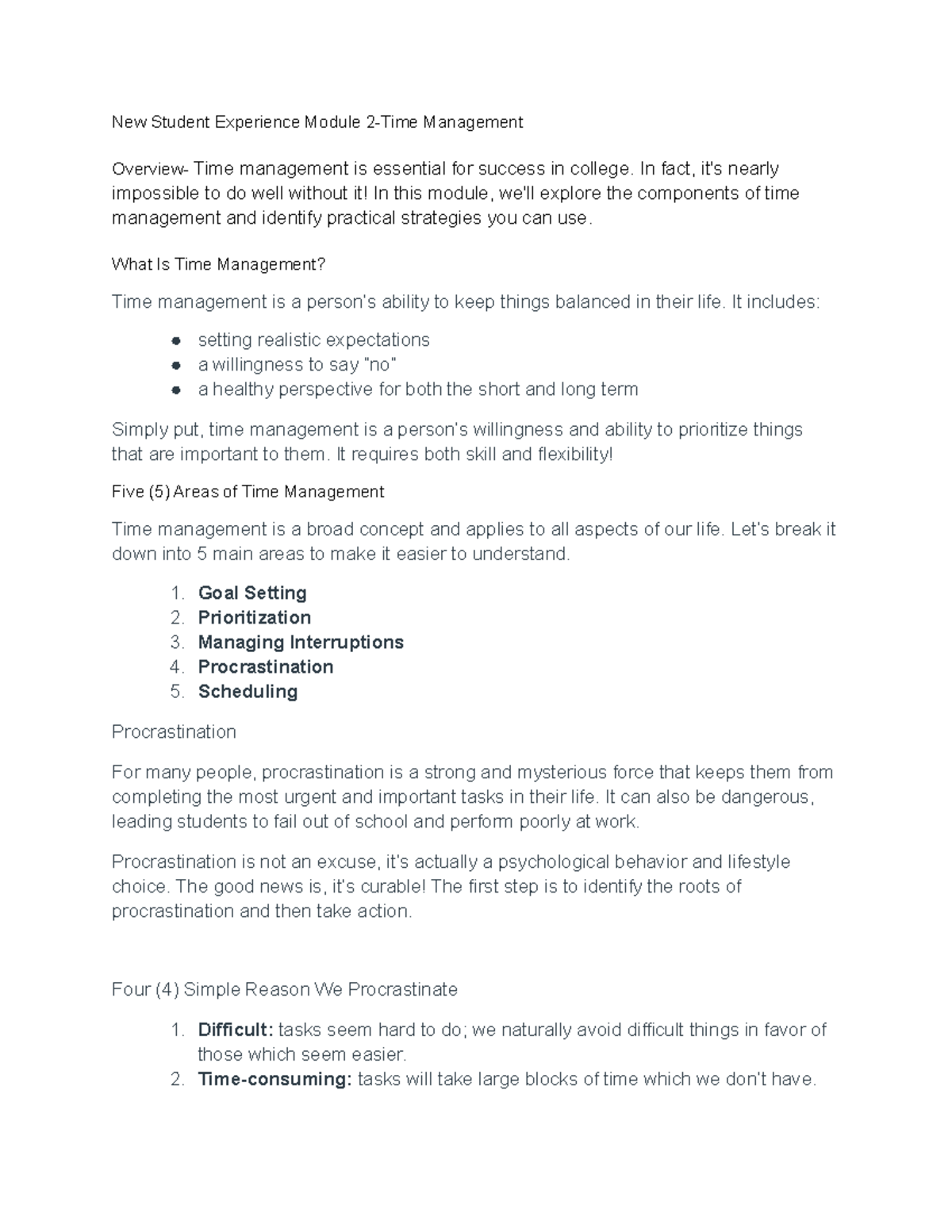 NSE Timing - Module 2 - New Student Experience Module 2-Time Management ...