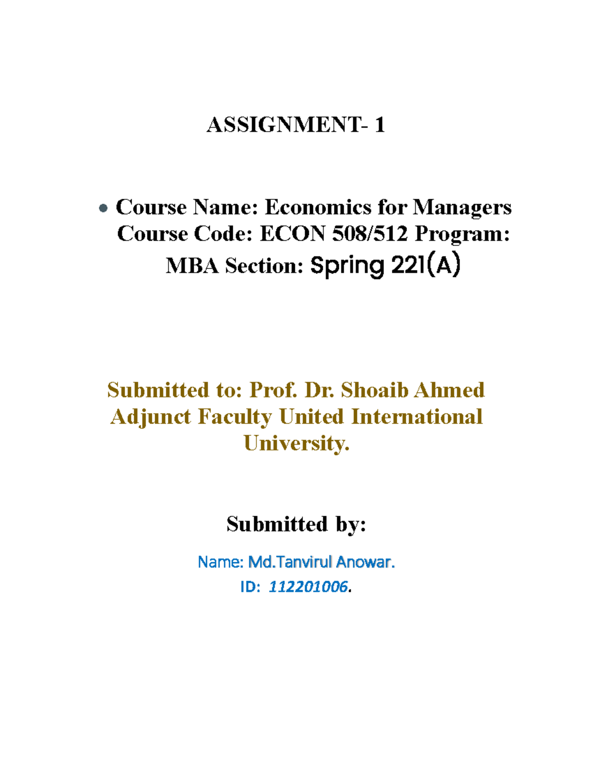 Assignment 1 Economics For Managers Micro Economics - ASSIGNMENT- 1 ...