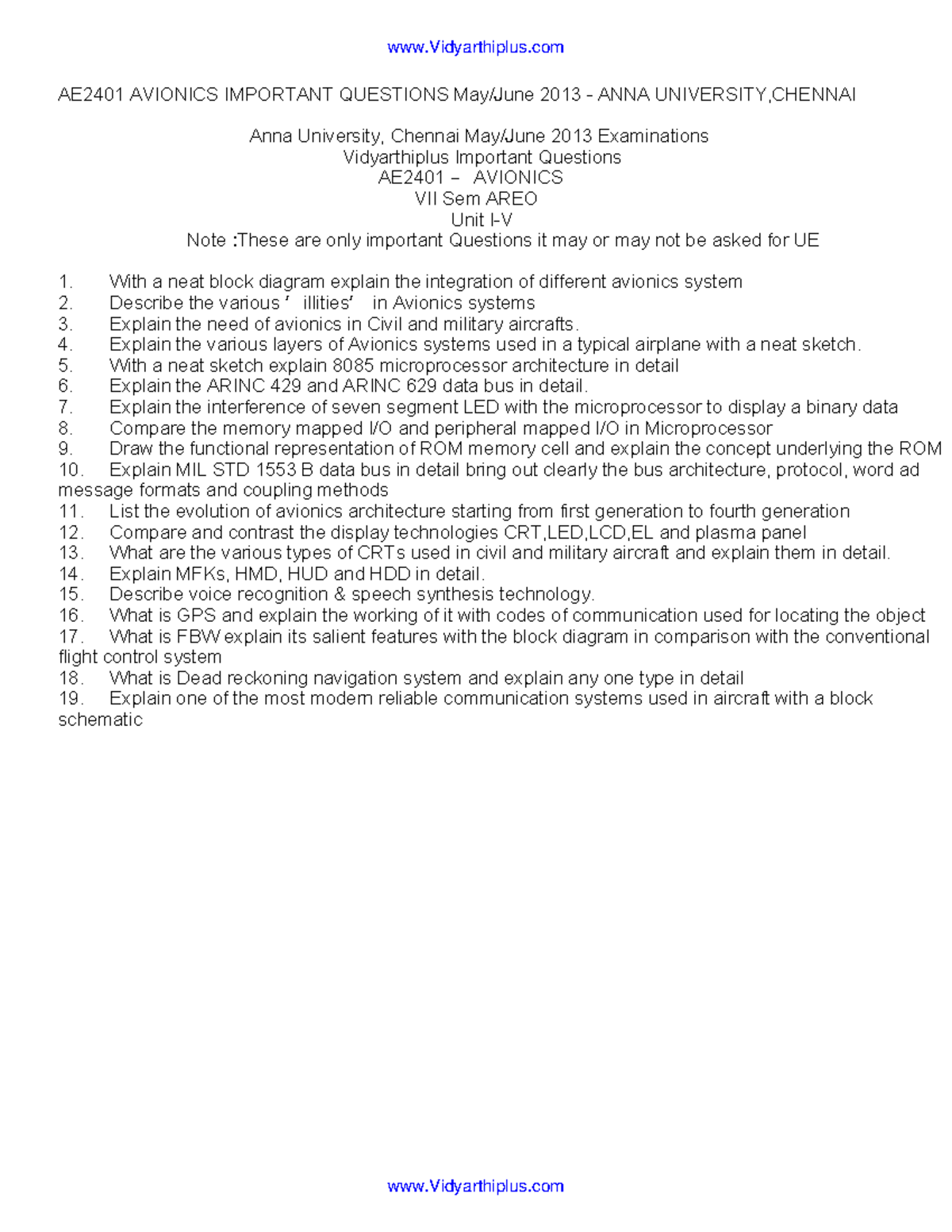 Ae2401 avionics Aeronautical Engineering Vidyarthiplus