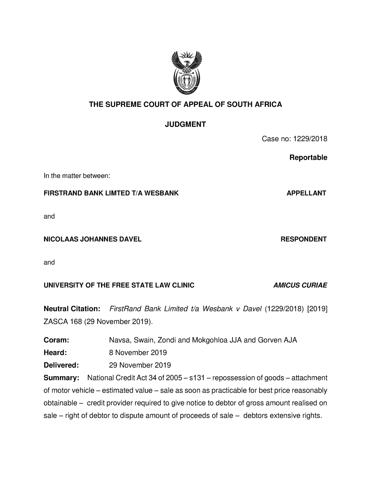 168 - Article - THE SUPREME COURT OF APPEAL OF SOUTH AFRICA JUDGMENT ...