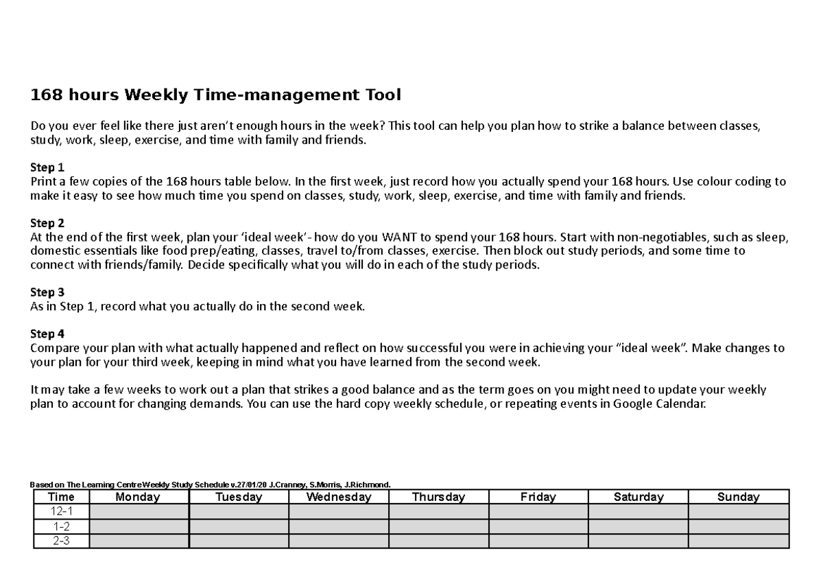168 hours Weekly Timemanagement Tool Step 1 Print a few copies of