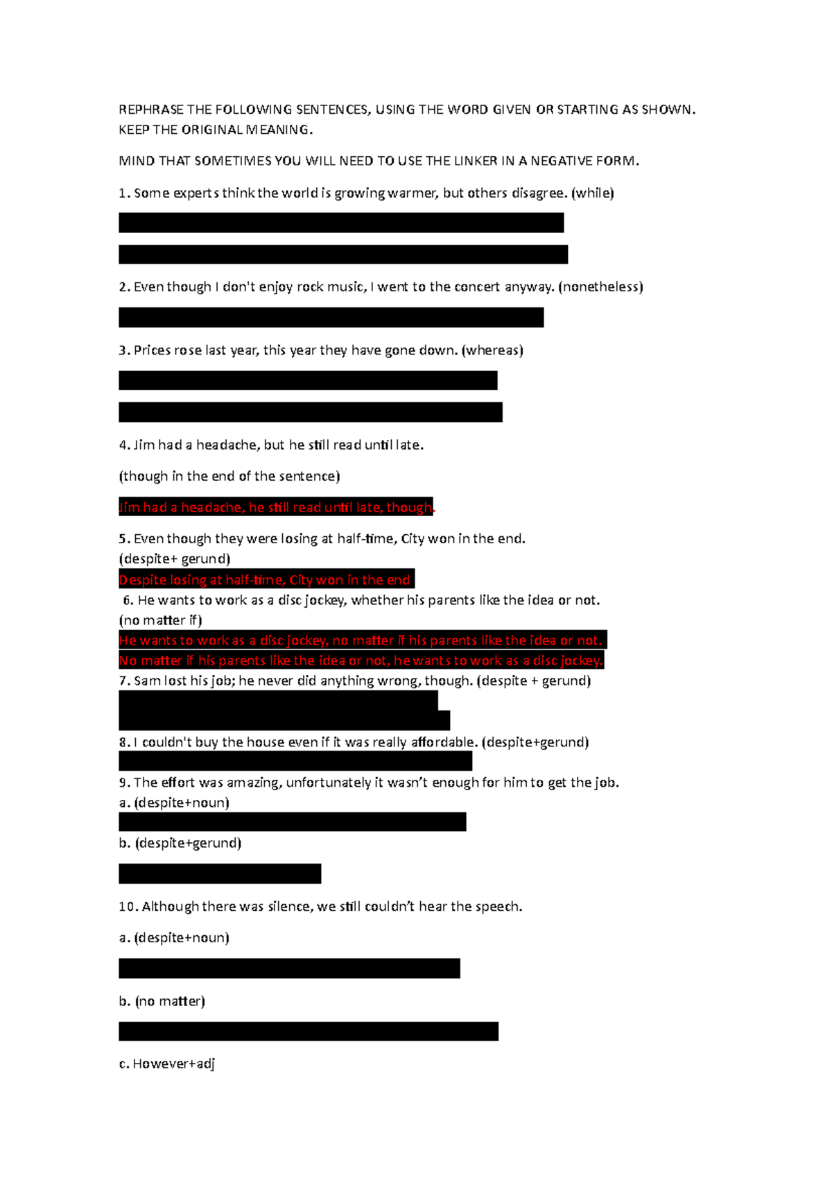 4th Connectors FOR Practice - REPHRASE THE FOLLOWING SENTENCES, USING ...