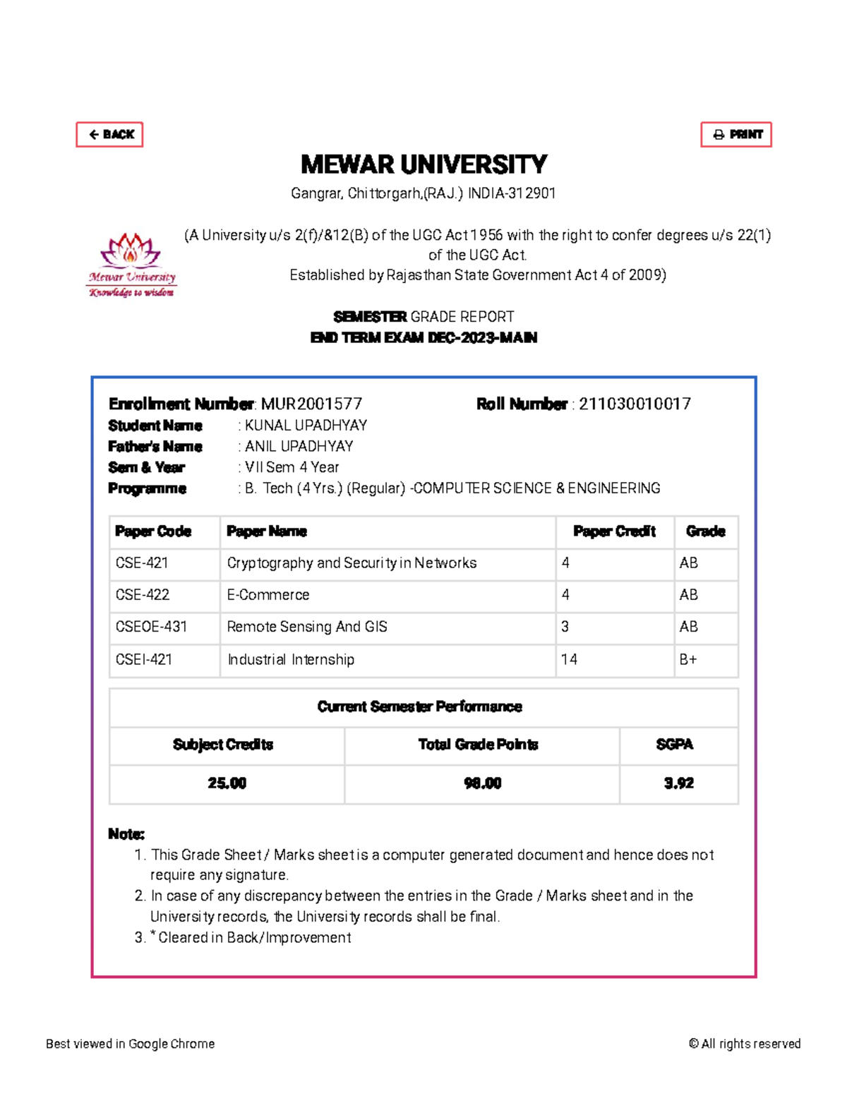 Kun 7 th sem - Marksheet - BACK PRINT MEWAR UNIVERSITY Gangrar ...