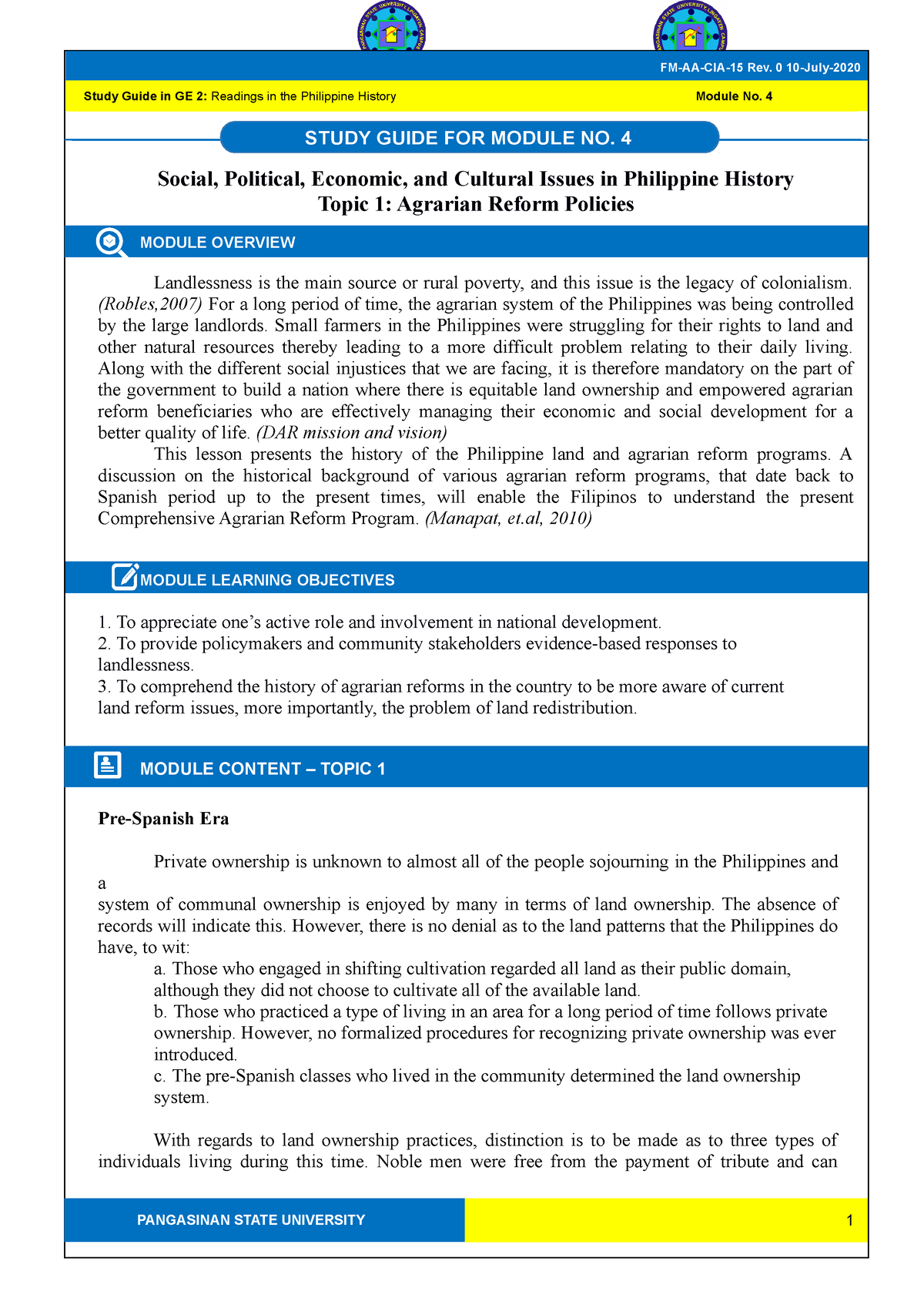 RPH Module 4 Topic 1 Agrarian Reform Policies - Social, Political ...