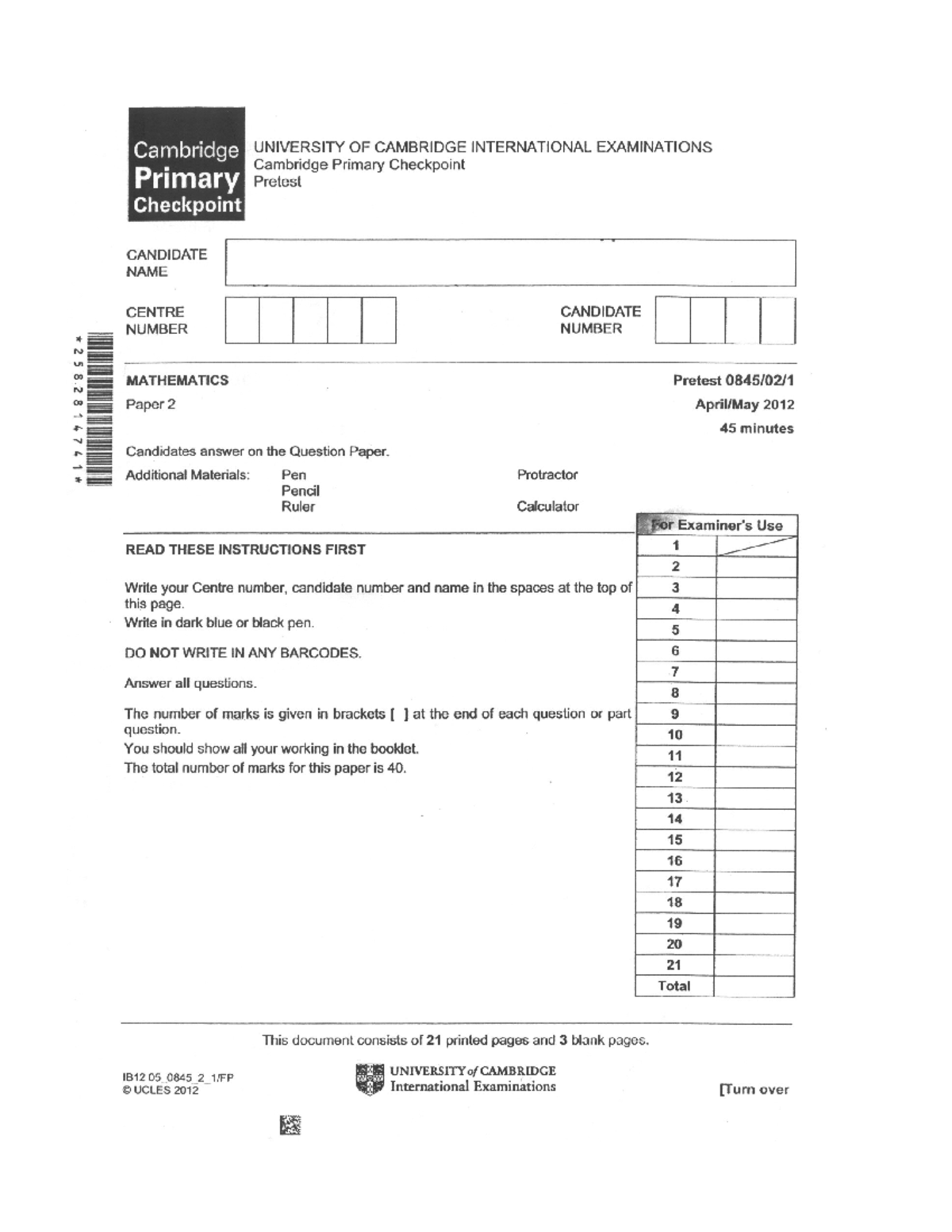 Primary Checkpoint Math Pre Test 0845 April 2012 Paper 2 - Agribusiness ...