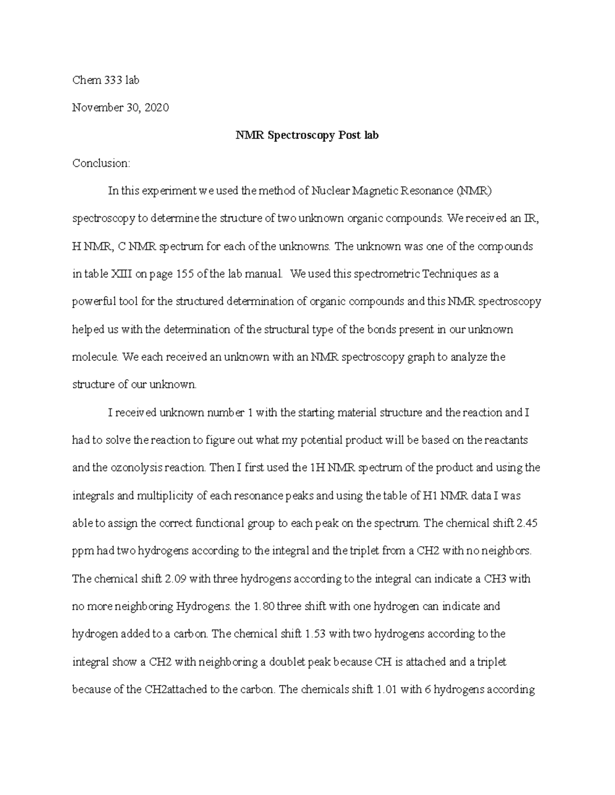 NMR Spectroscopy Post lab Chem 333 lab November 30, 2020 NMR