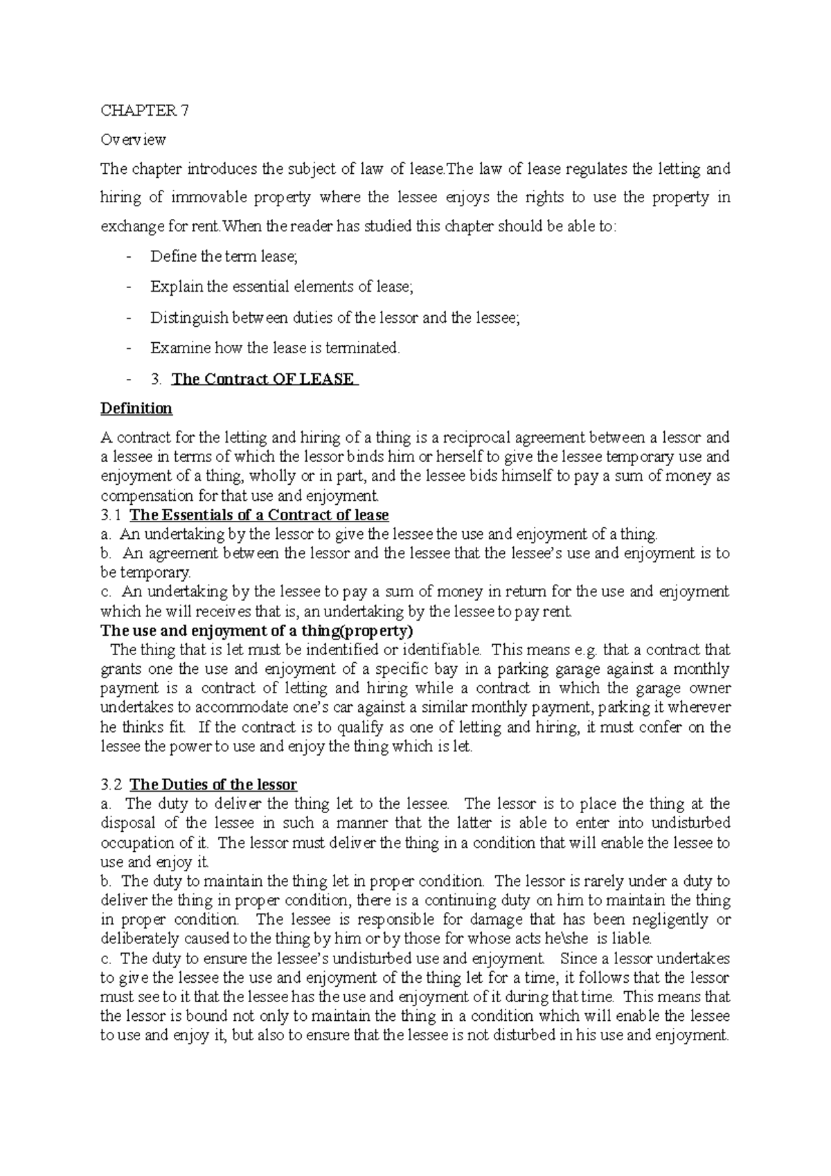 Chapter 7-The contract of lease - CHAPTER 7 Overview The chapter ...
