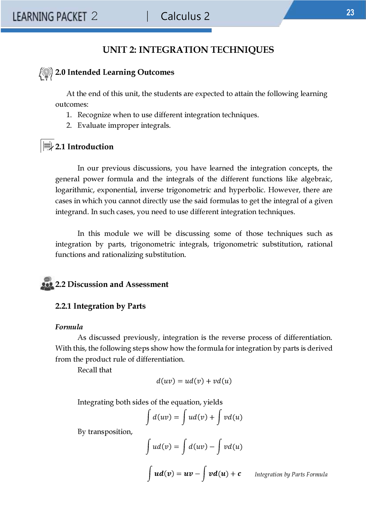 Math 2 LP 2 - 2 | Calculus 2 Integration by Parts Formula UNIT 2 ...