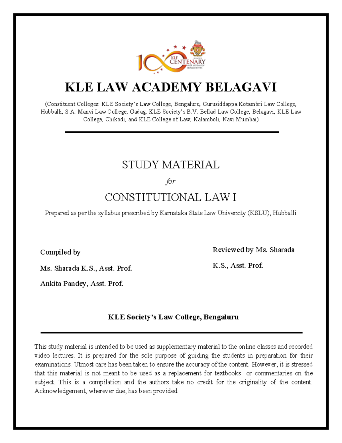 Constitutional Law I - KSLU - Sem 1 - CL1 - KLE LAW ACADEMY BELAGAVI ...