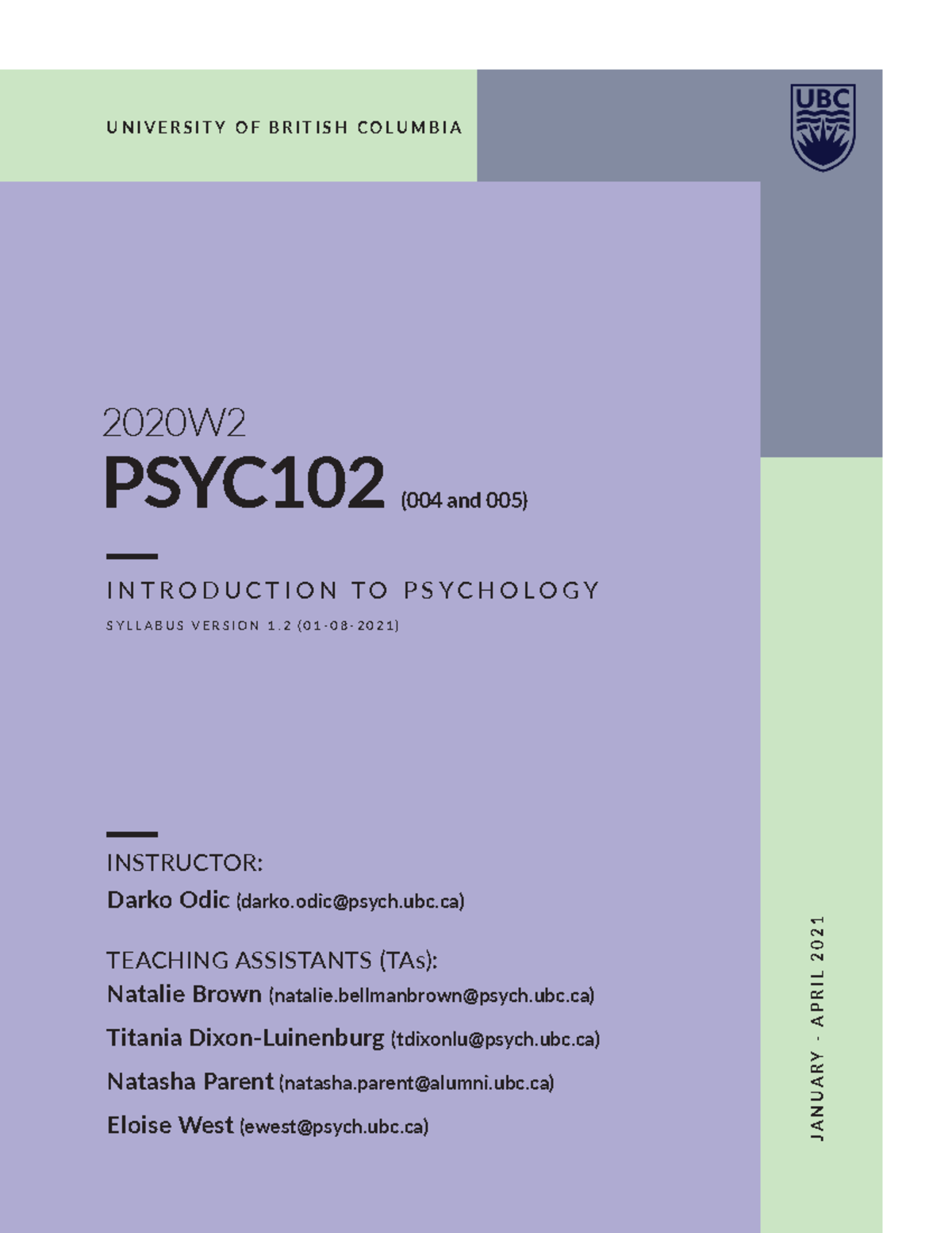 PSYC102 Winter 2021 Syllabus V11 - U N I V E R S I T Y O F B R I T I S ...