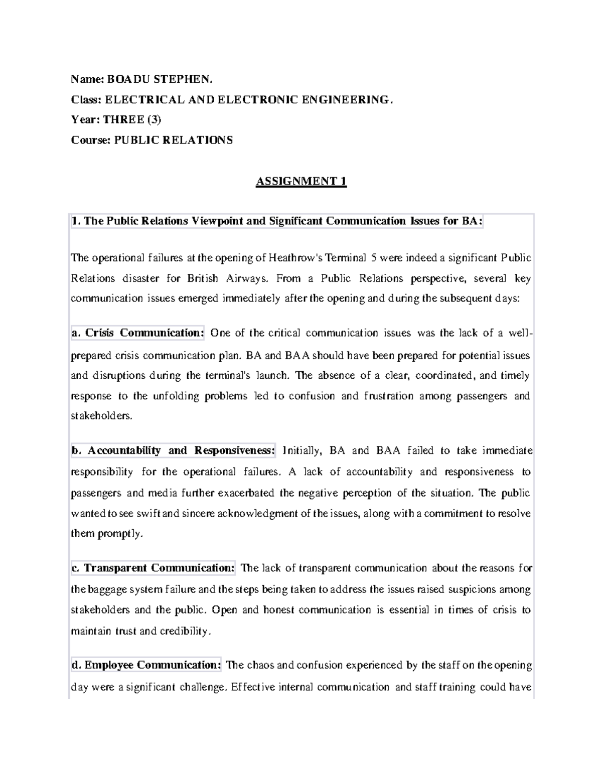 PR Assignment - Name: BOADU STEPHEN. Class: ELECTRICAL AND ELECTRONIC ...