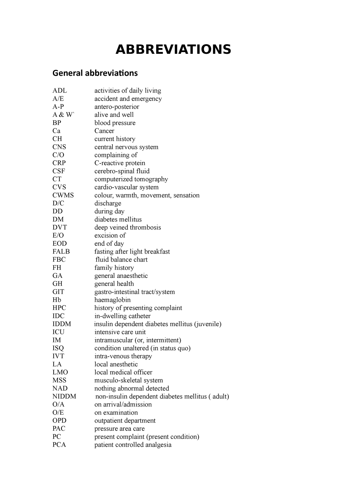 Abbreviations Abbreviations General Abbreviations Adl Activities Of Daily Living A E Accident And Studocu