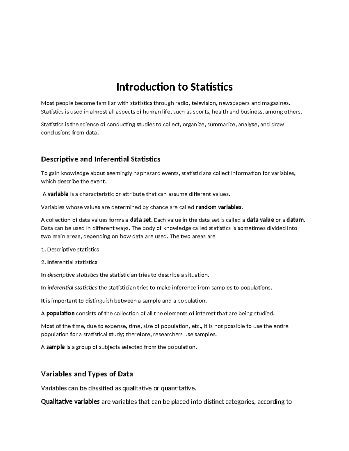 Class Notes Statistics Chapters 1 2 - Introduction to Statistics Most ...