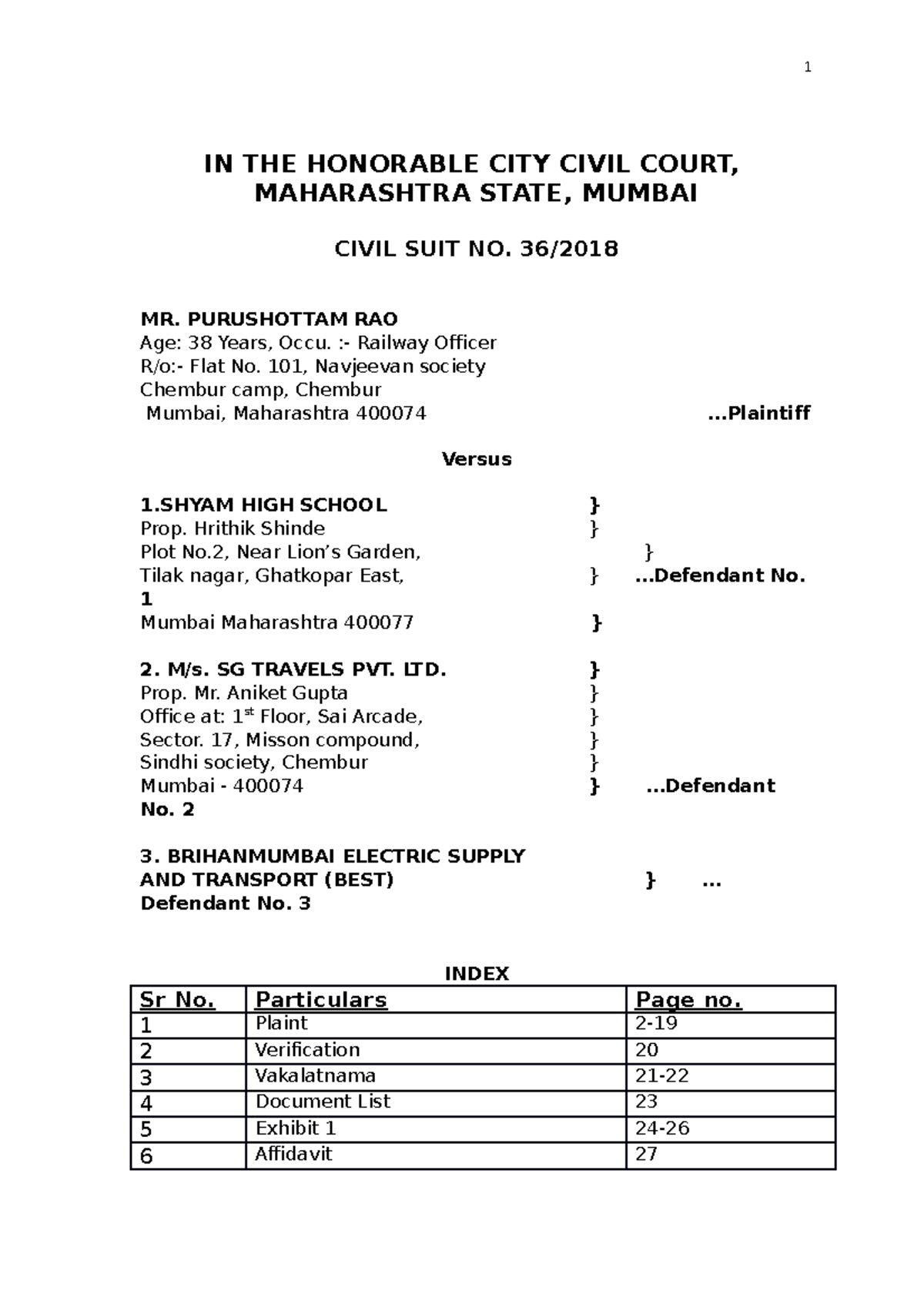 Mr. Purishottam Rao - COURT CIVIL SUIT FORMAT - IN THE HONORABLE CITY ...