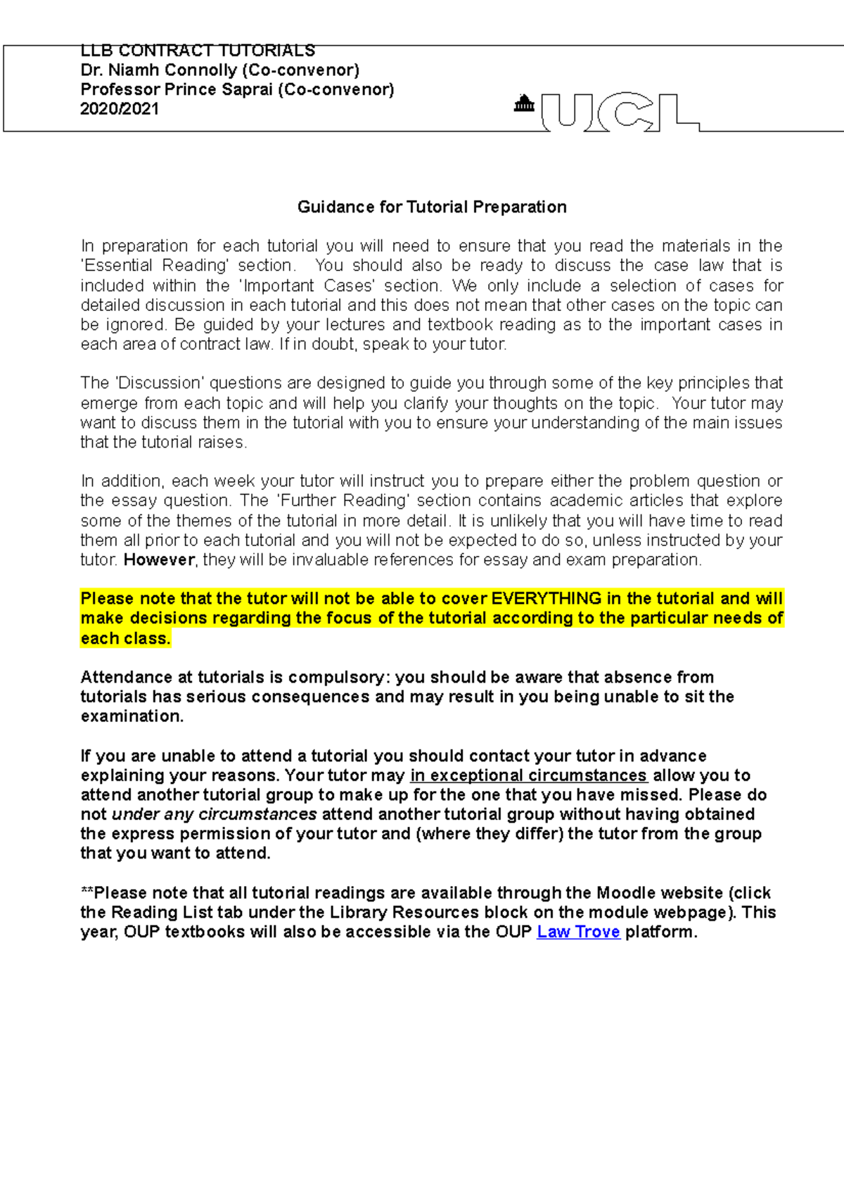 Contract tutorial booklet 2020 - 100 - UCL - Studocu