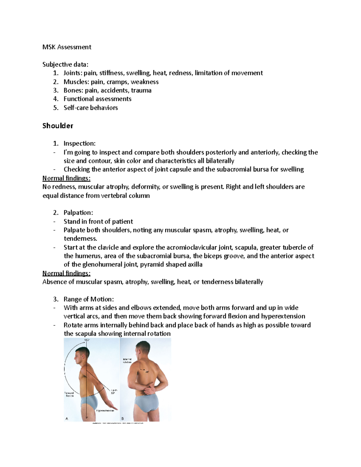 MSK Assessment - MSK Assessment Subjective data: 1. Joints: pain ...