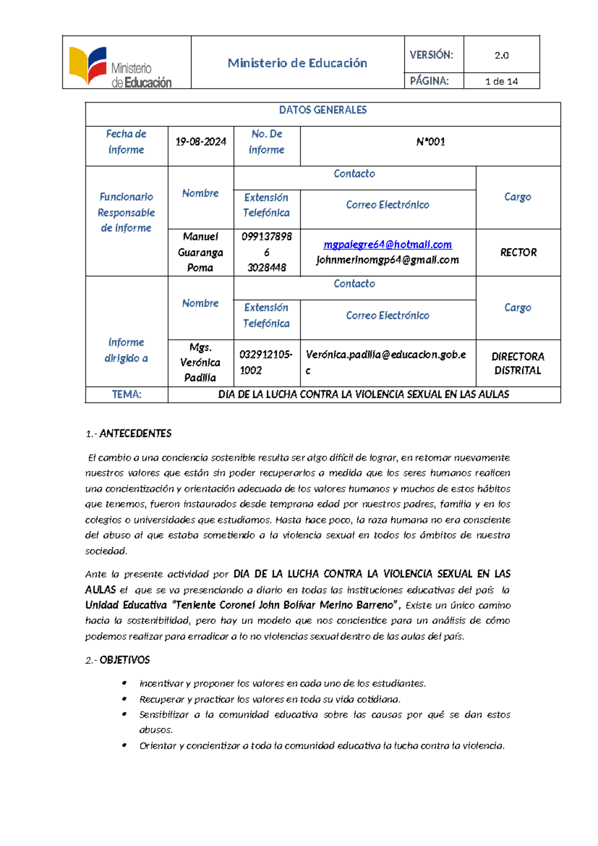 Informe Dia de la Lucha Contra la Violencia Sexual en las Aulas ...