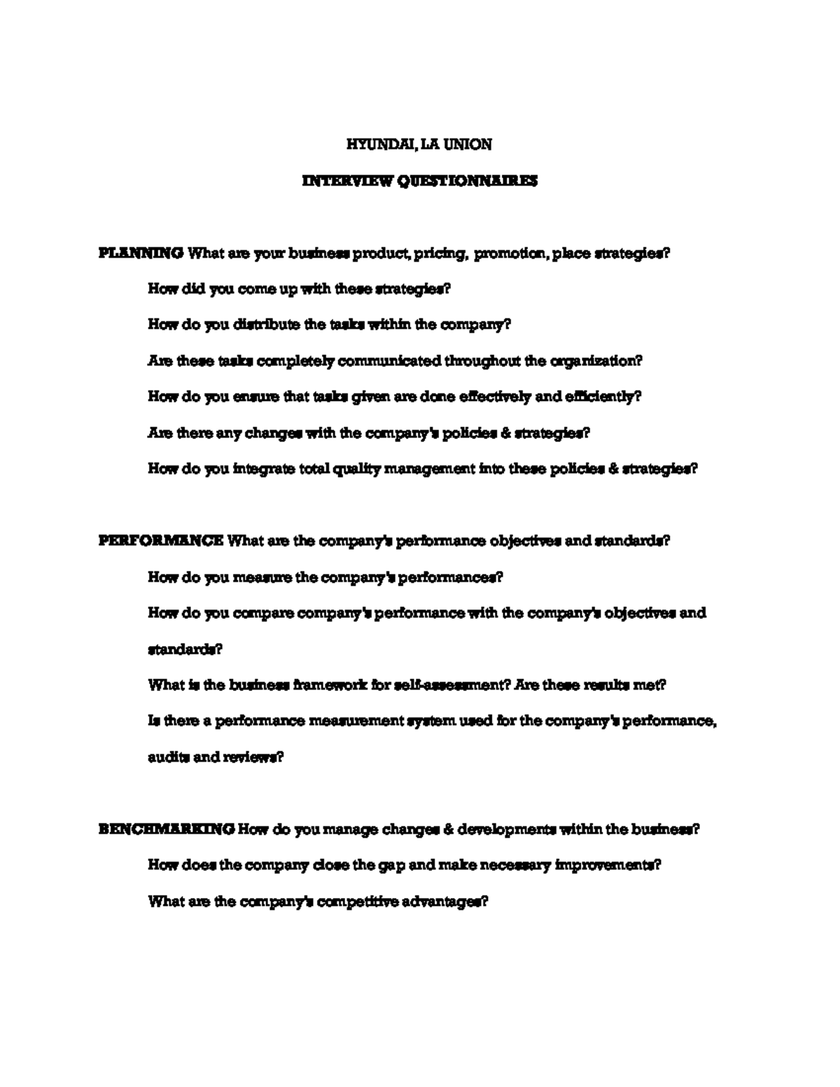 Hyundai - QUESTIONNAIRE FOR TQM - Accountancy - DMMMSU - Studocu