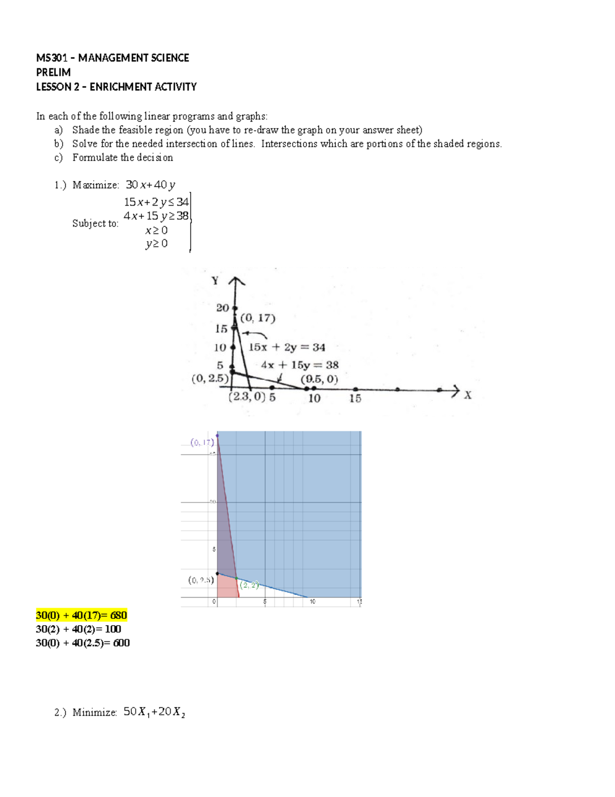 Lesson 2 activity - MS301 – MANAGEMENT SCIENCE PRELIM LESSON 2 ...