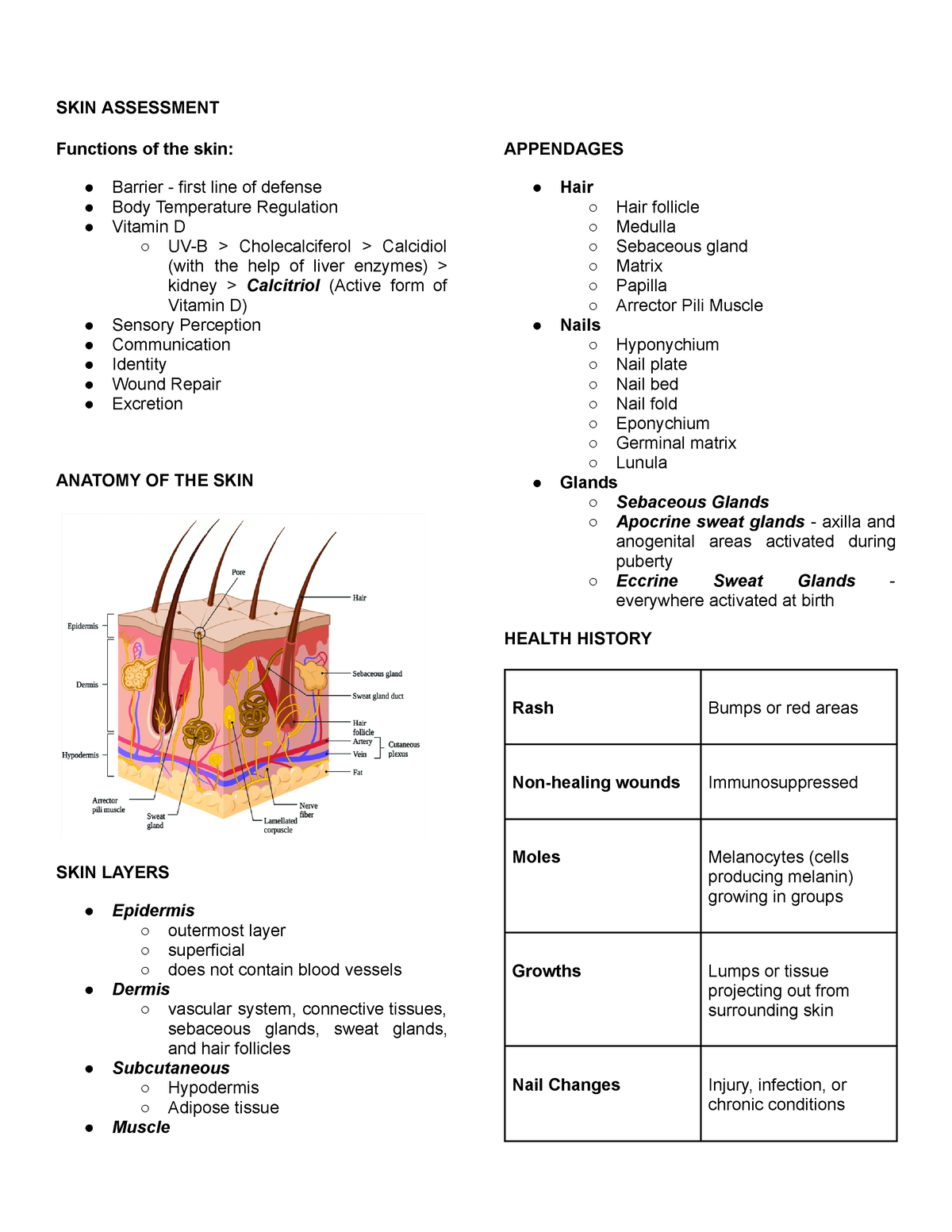 Skin-assessment-rec Lec - Skin Assessment Functions Of The Skin 