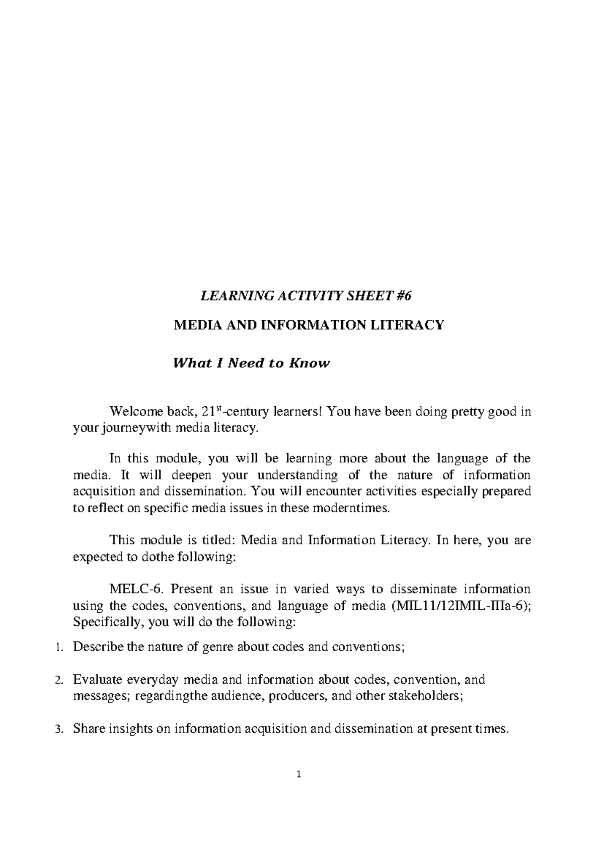 MIL12 Q1 M6 - Reviewer for coming Examination - LEARNING ACTIVITY SHEET ...