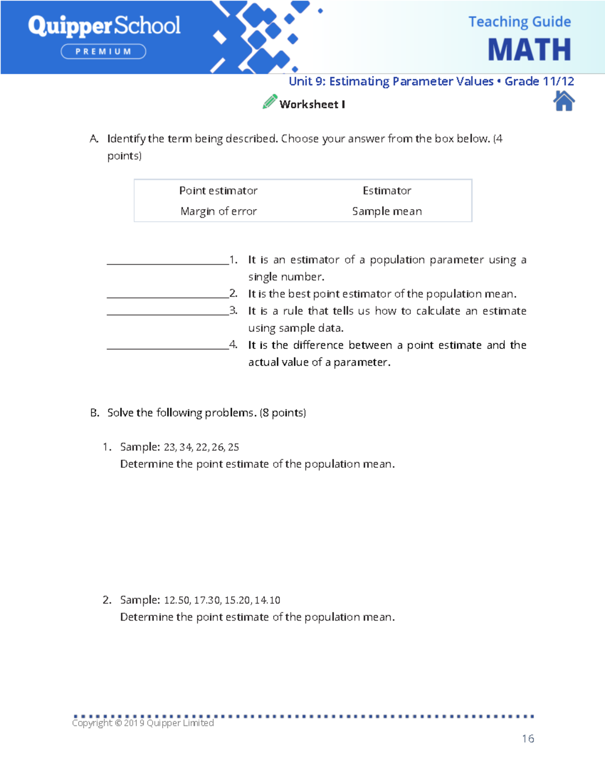 Worksheet-1 - Unit 9: Estimating Parameter Values • Grade 11/ Copyright ...