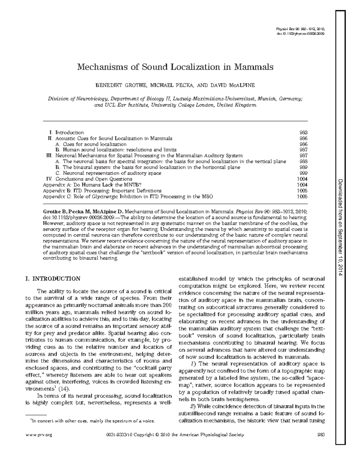 Mechanisms of Sound Localization in Mammals - Introduction 983 II ...
