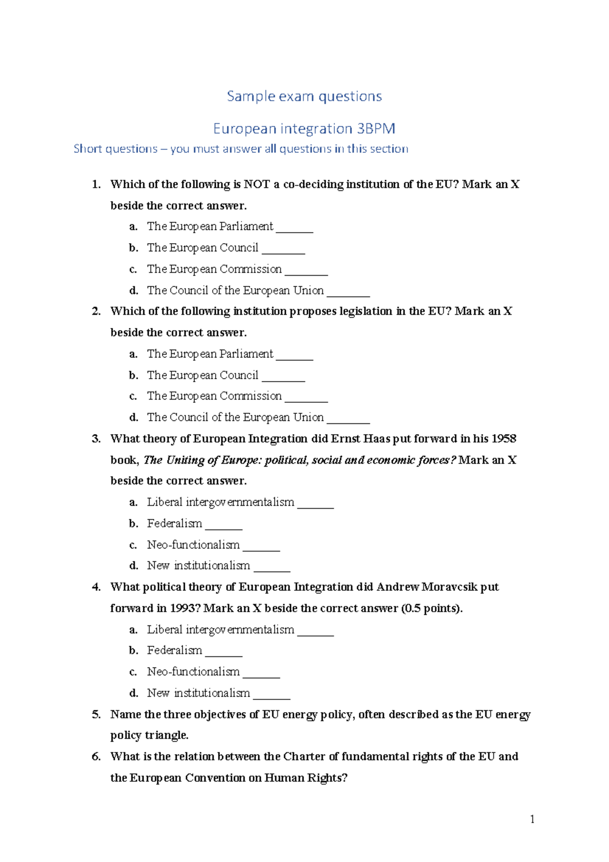 Sample questions for the exam, eerste zit - European Economic ...