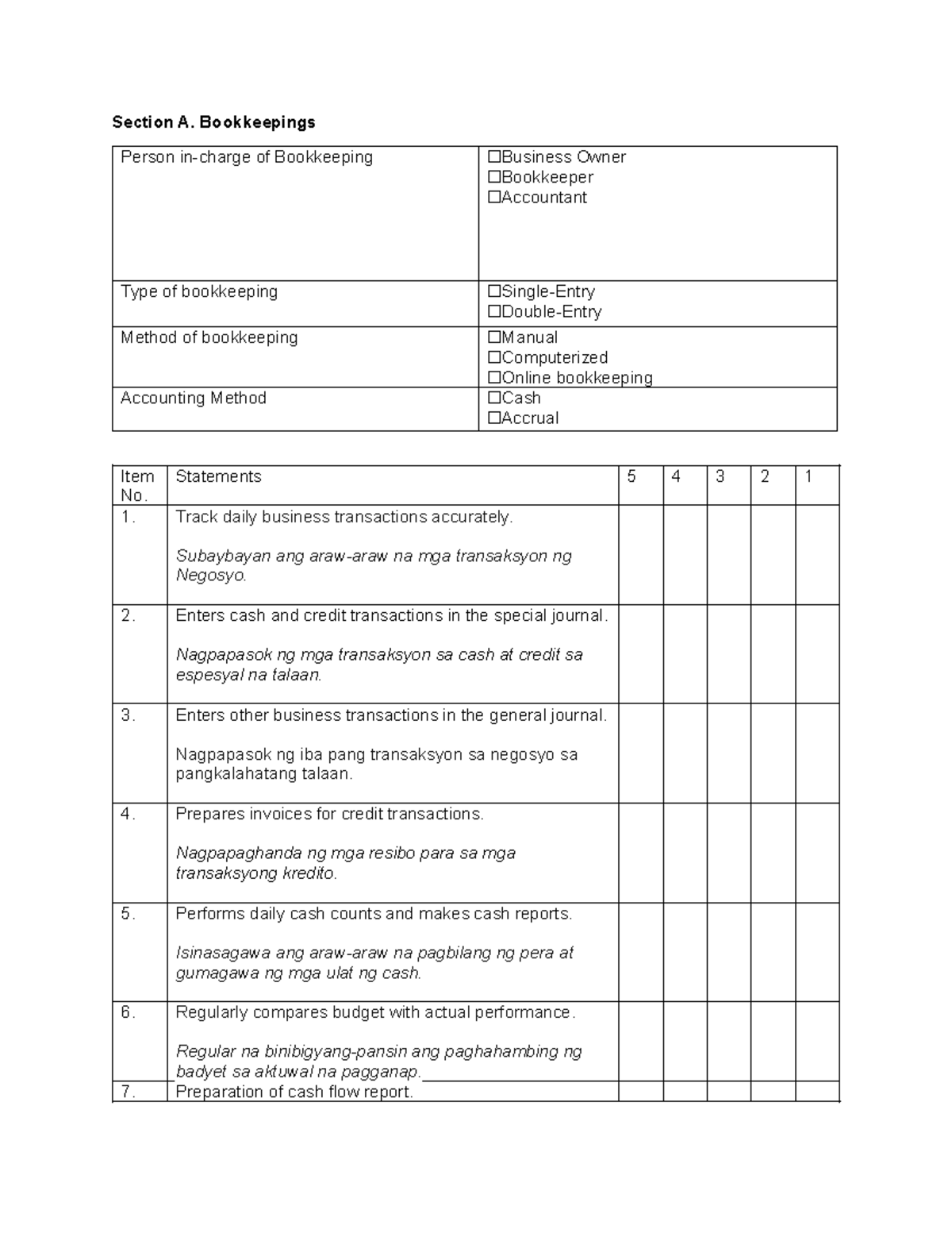 Questionnaire(revision 1) - Section A. Bookkeepings Person in-charge of ...