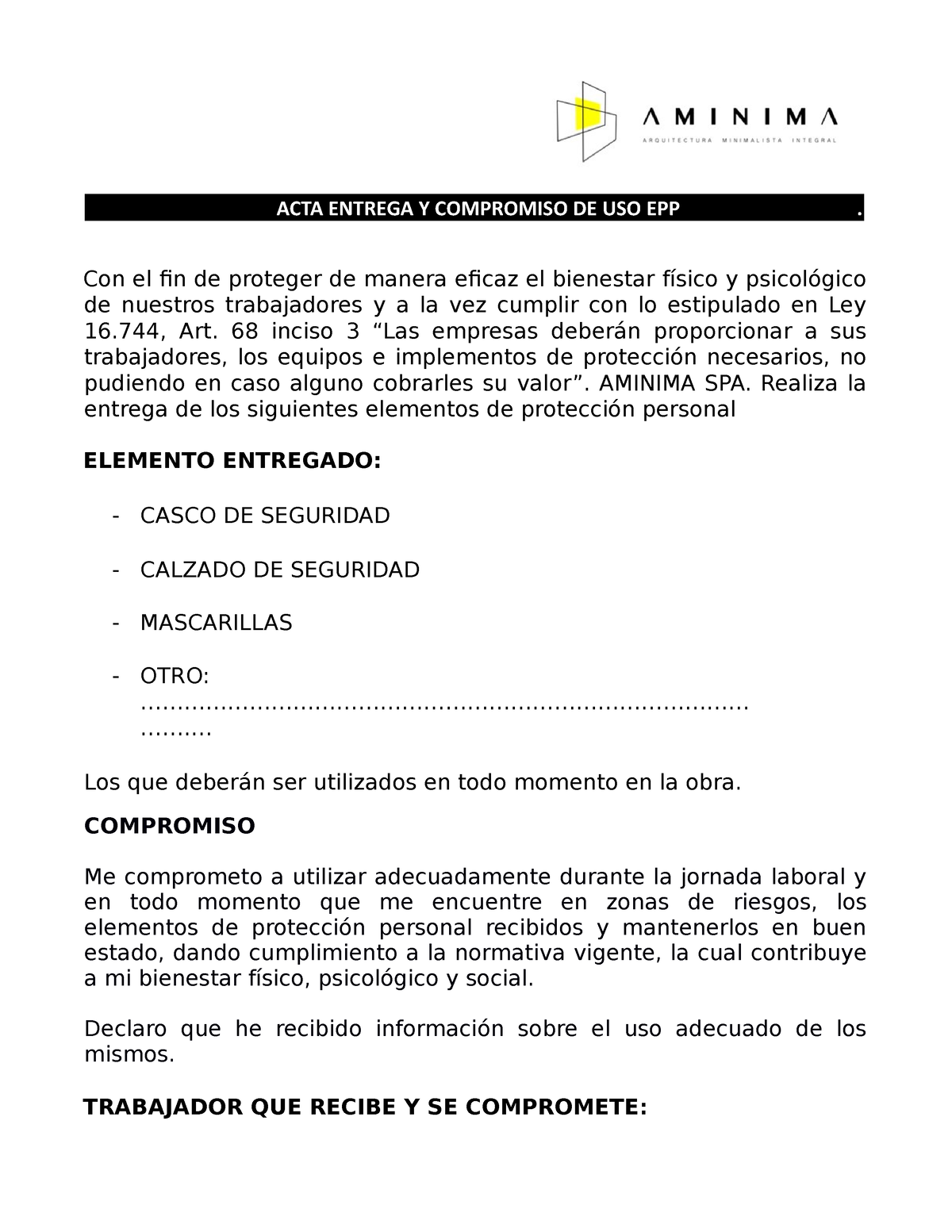 Entrega Epp Aminima Acta Entrega Y Compromiso De Uso Epp Con El Fin De Proteger De Manera