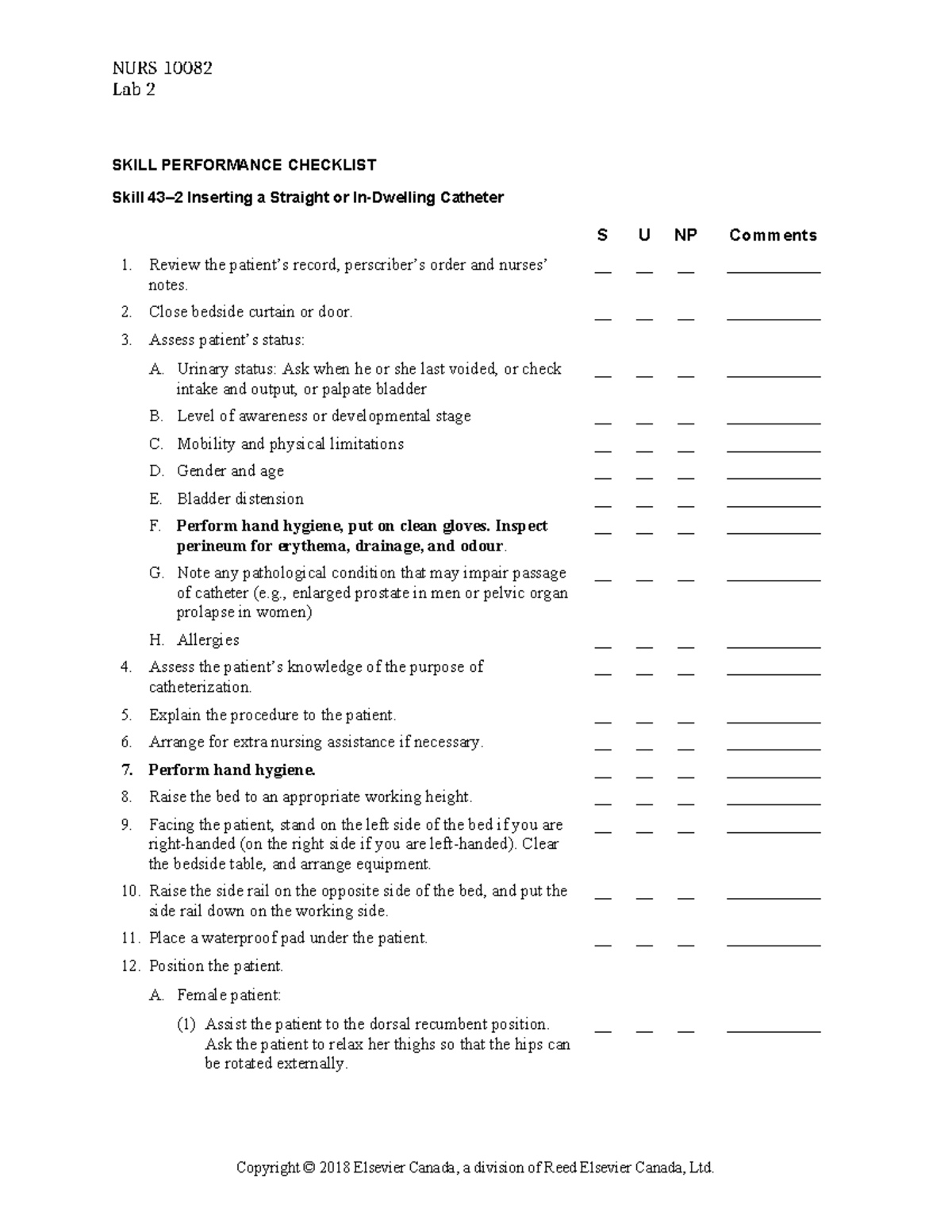 Catheterization Skills Checklist W19 - NURS 10082 Lab 2 SKILL ...