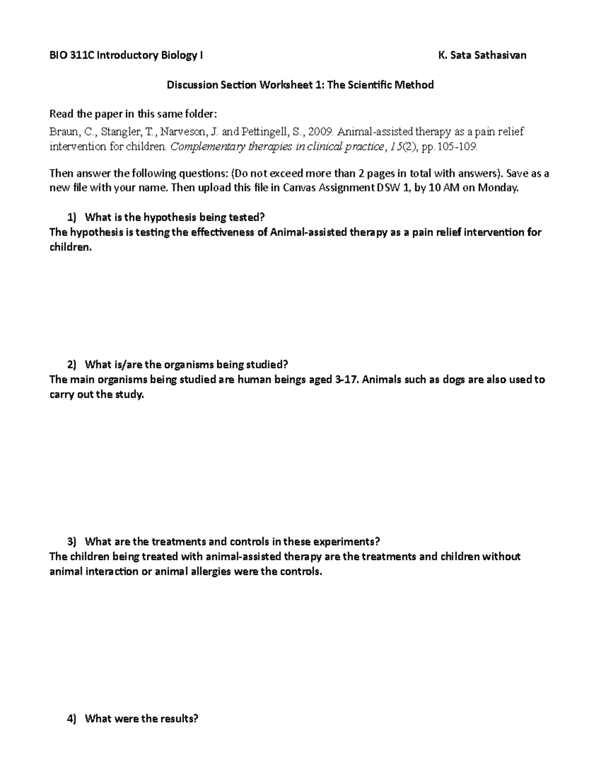 DSW 1 THE Scientific Method - BIO 311C Introductory Biology I K. Sata ...