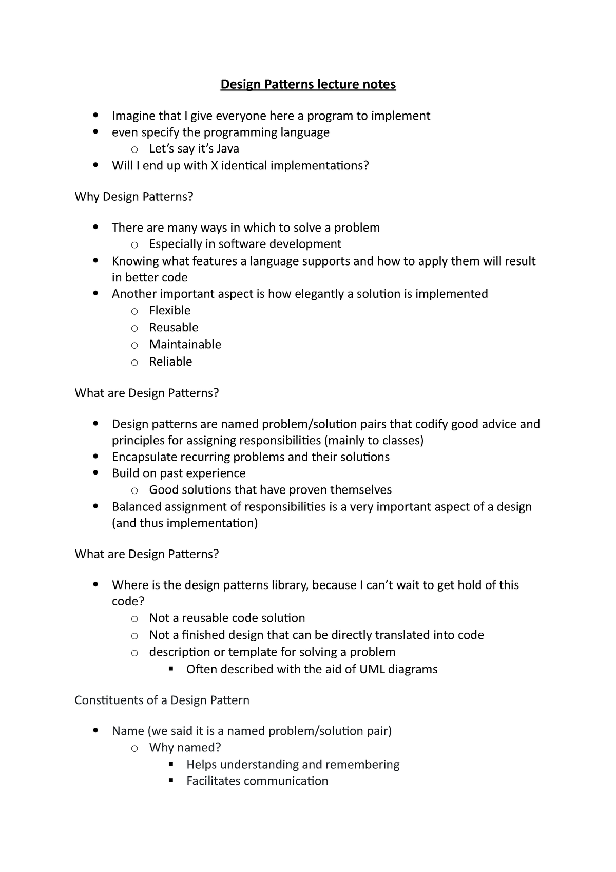 Design Patterns lecture notes methods classes components