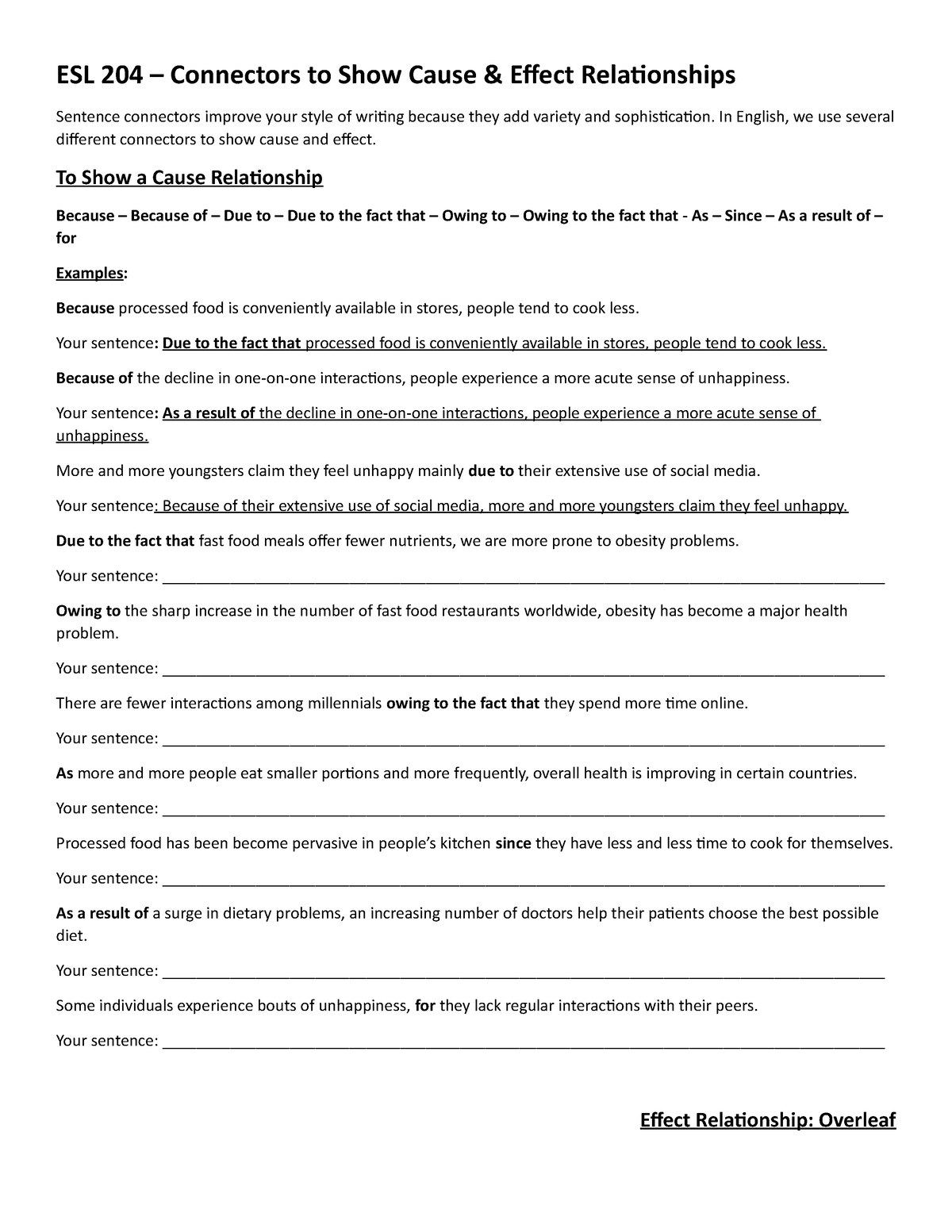 204 Cause Effect Connectors Worksheet ESL 204 Connectors to Show