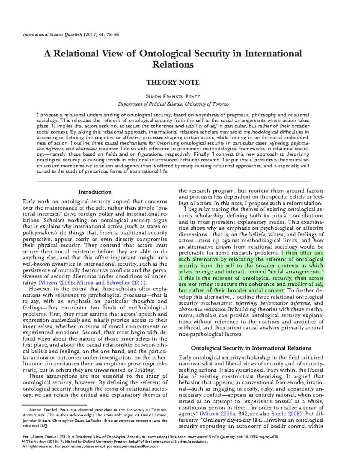 A Relational View of Ontological Security in International Relations