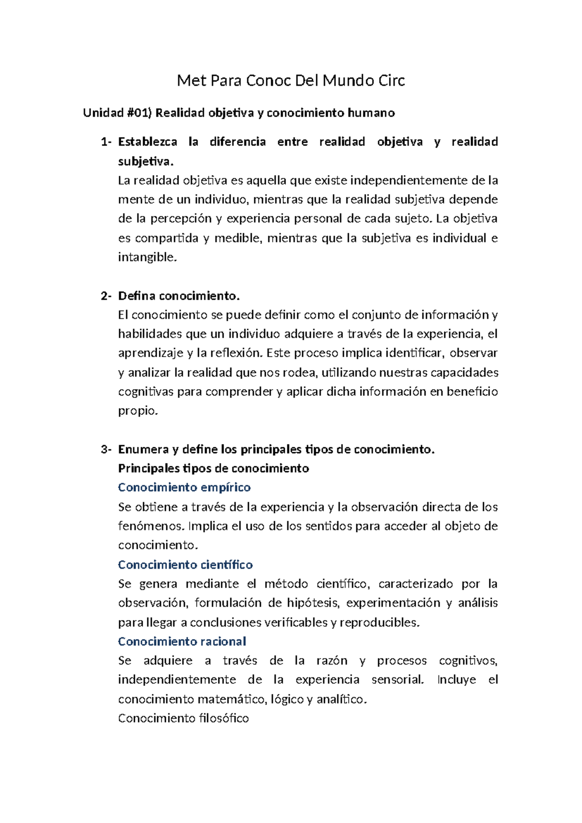 Unidad #01) Realidad objetiva y conocimiento humano - Met Para Conoc ...
