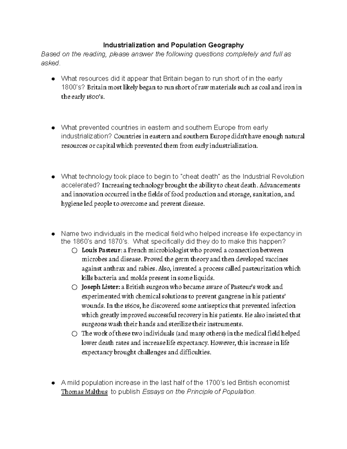 Industrialization and Population Geography What resources did it