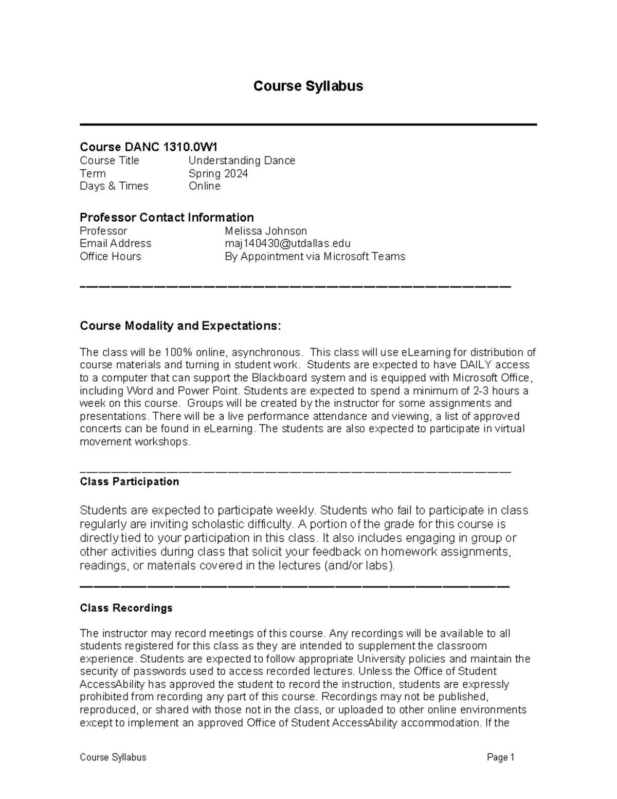 DANC 1310.0W2 Spring '24 Syllabus - Course Syllabus Course DANC 1310 ...