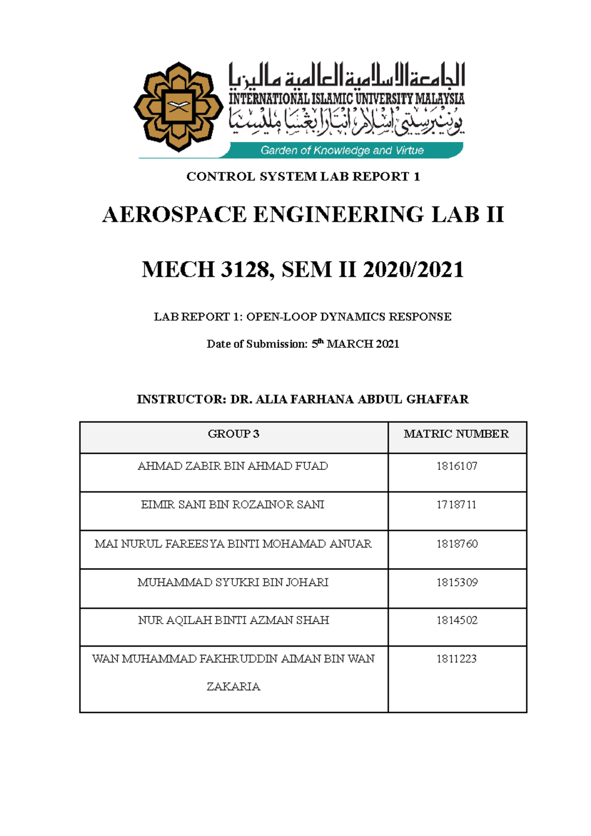 EXP1 aerospace lab - CONTROL SYSTEM LAB REPORT 1 AEROSPACE ENGINEERING ...