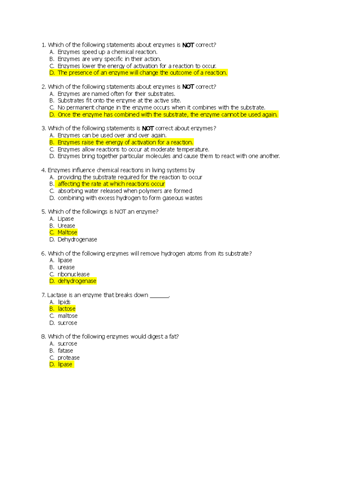 Practice 7 Enzyme part1 Which of the following statements about