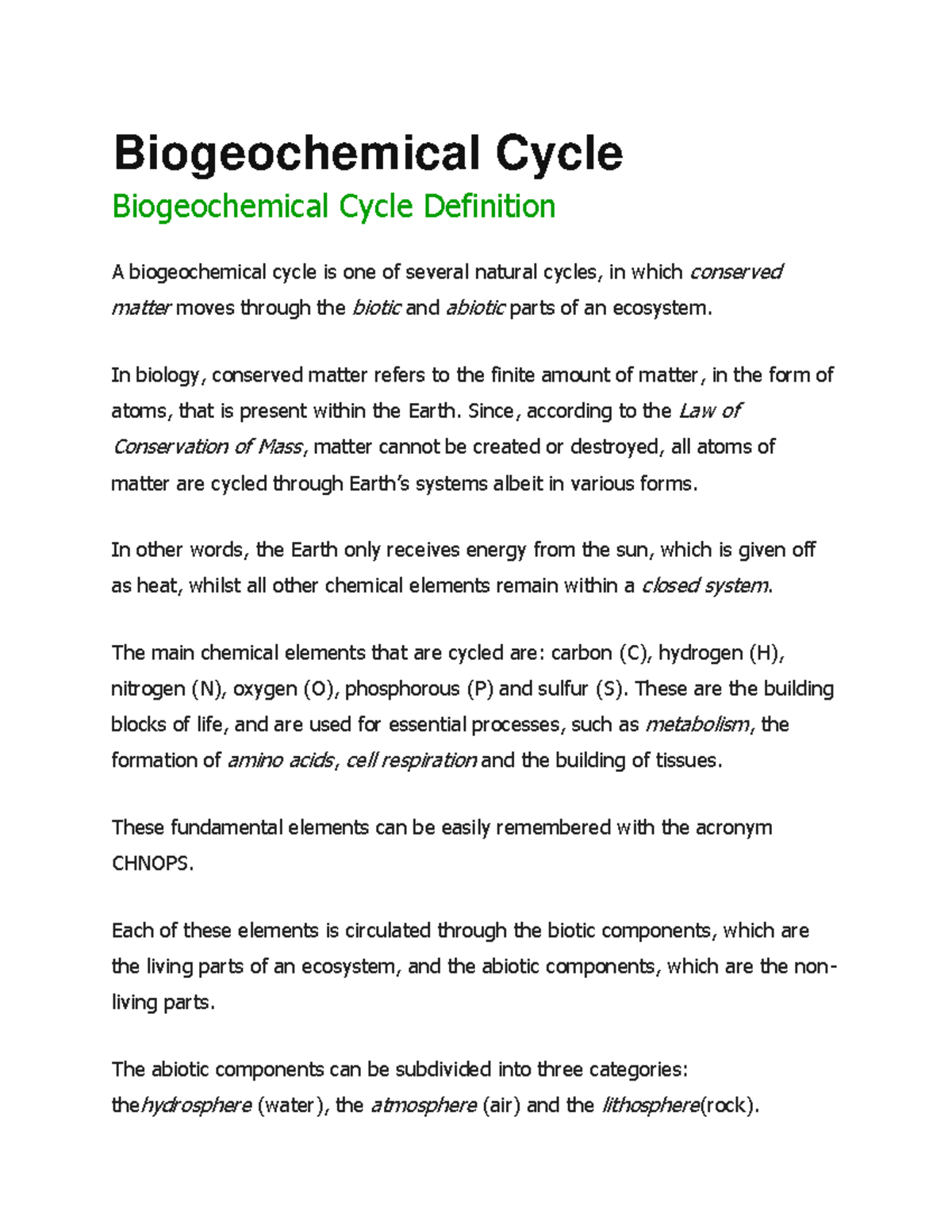 Biogeochemical Cycle Biogeochemical Cycle Biogeochemical Cycle