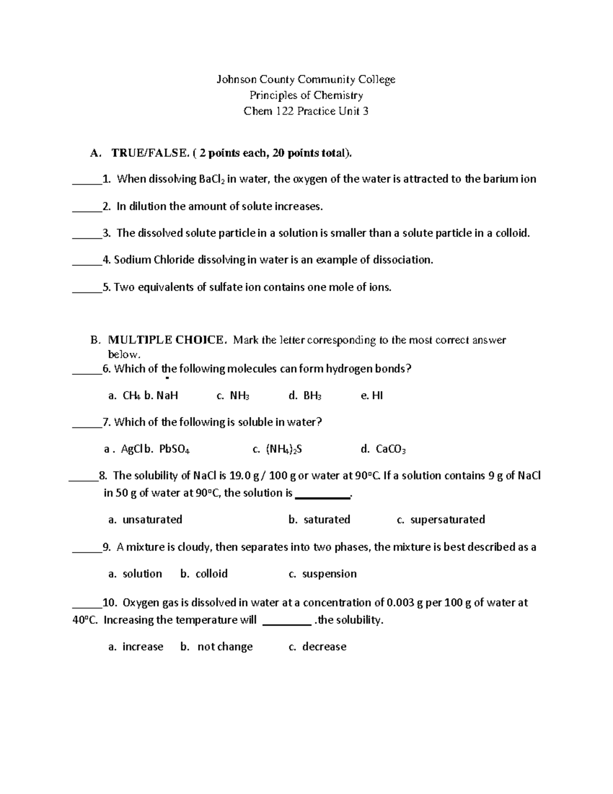 Unit III Practice Exam - Johnson County Community College Principles of Chemistry Chem 122 ...