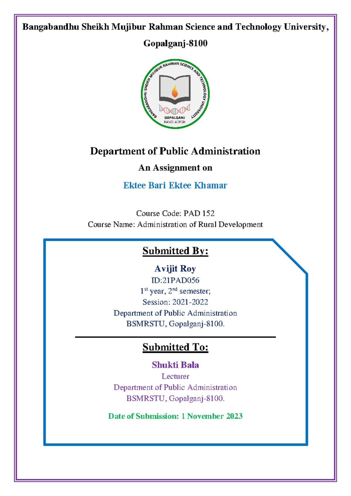 Assignment RD-1 - Rural development - Bangabandhu Sheikh Mujibur Rahman ...