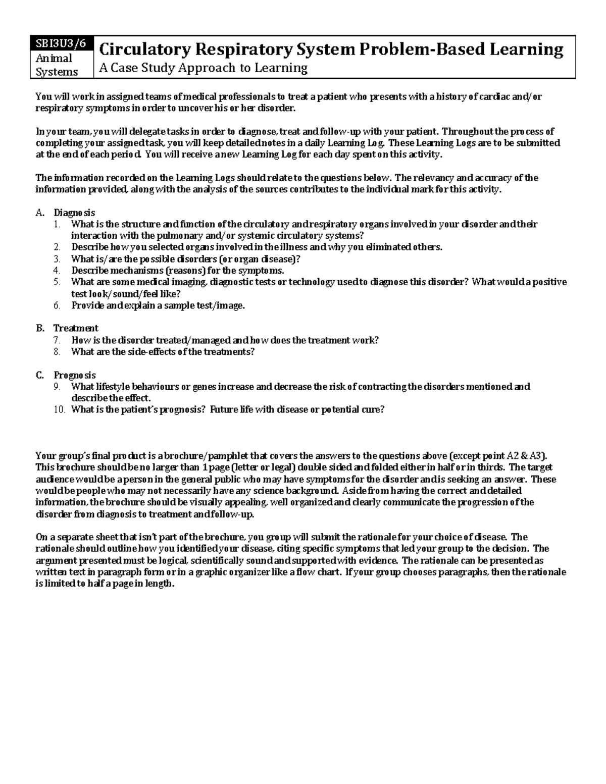 Circulatory And Respiratory PBL SBI3U3 Animal Systems Circulatory